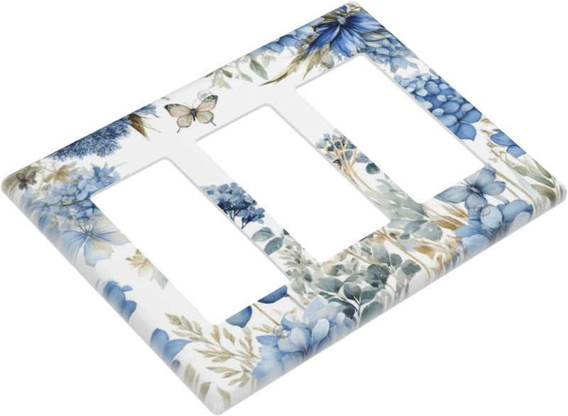 Wuyocha Decorative Outlet Covers Boho Blue Flowers Rustic Beige Butterfly Leaves 3 Gang Wall Plate Triple Rocker Switch Light Switch Plate Covers Jumbo Electrical GFCI Switch Cover Plate - Image 3